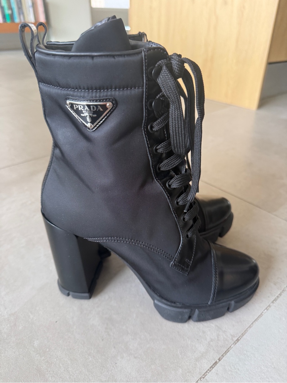Prada Black Lace-Up Platform Block Heel Ankle Boots